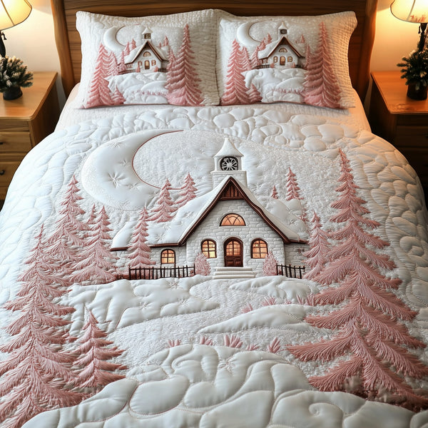 Elegant White Christmas Cabin 3-Piece Quilted Bedding Set - Design 4 — quilt and two matching pillow shams