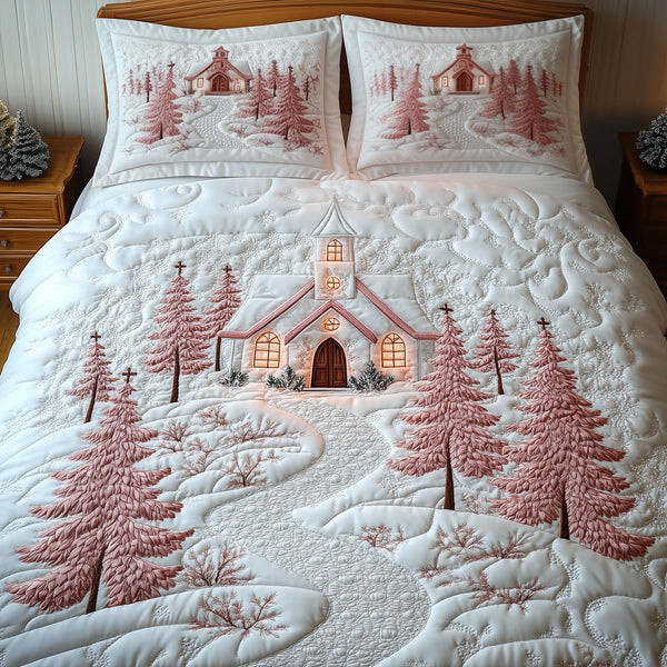 Elegant White Christmas Cabin 3-Piece Quilted Bedding Set - Design 6 — quilt and two matching pillow shams