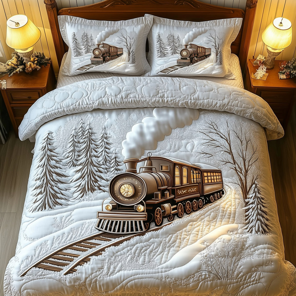 Elegant Train to Snowy Wonderland 3-Piece Quilted Bedding Set - Design 1 — quilt and two matching pillow shams