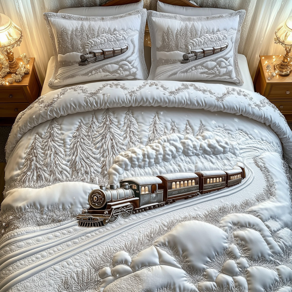 Elegant Train to Snowy Wonderland 3-Piece Quilted Bedding Set - Design 2 — quilt and two matching pillow shams
