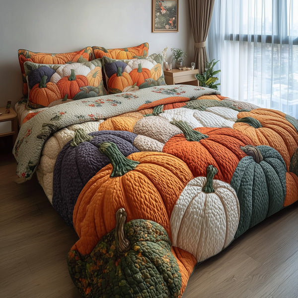 Autumn Breeze quilted 3-piece bedding set on a made bed with two matching pillow shams
