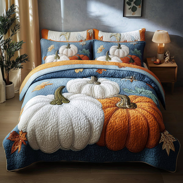 Autumn Breeze quilted 3-piece bedding set on a made bed with two matching pillow shams