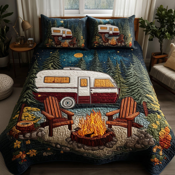 Campfire Dreams quilted 3-piece bedding set on a made bed with two matching pillow shams