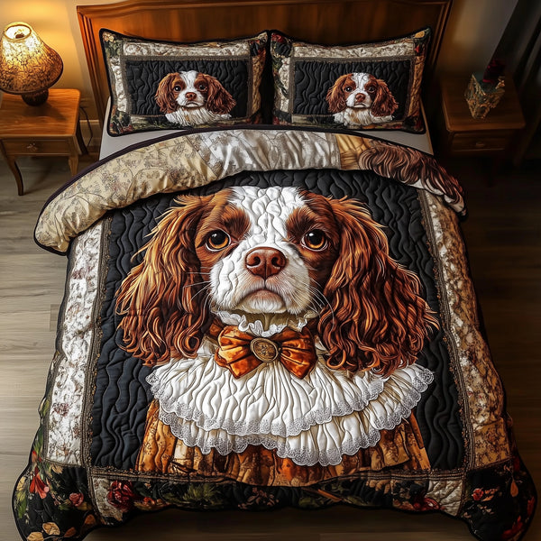 Cavalier King Charles Spaniel quilted 3-piece bedding set on a made bed with two matching pillow shams