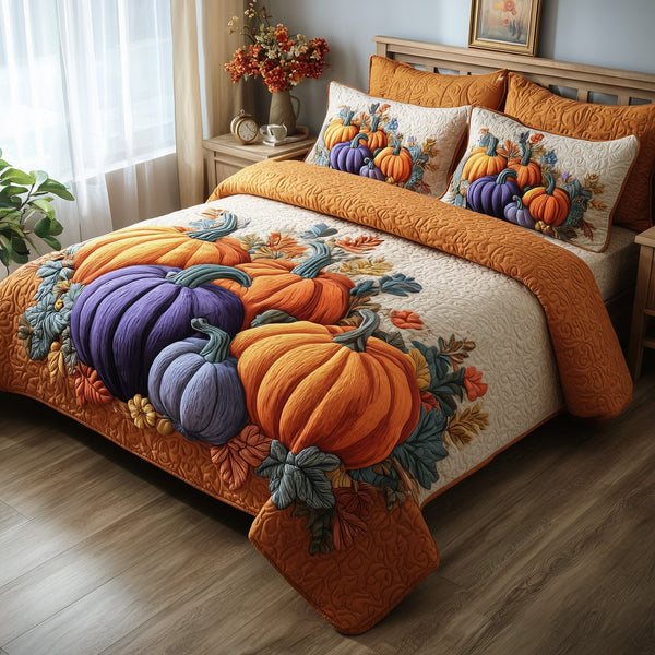 Autumn Pumpkin quilted 3-piece bedding set on a made bed against a dark styled interior