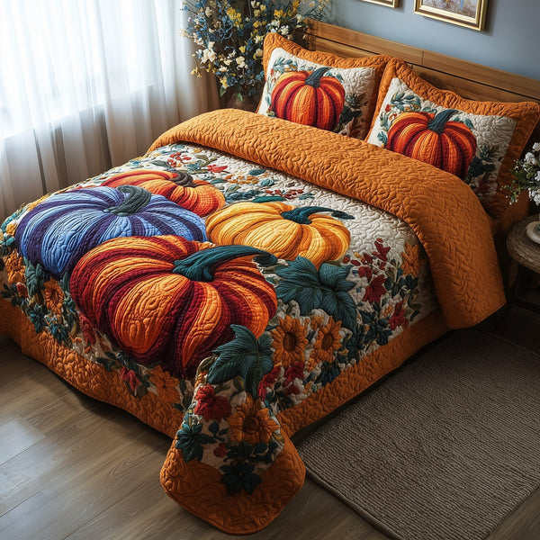 Autumn Pumpkin quilted 3-piece bedding set on a made bed against a dark styled interior