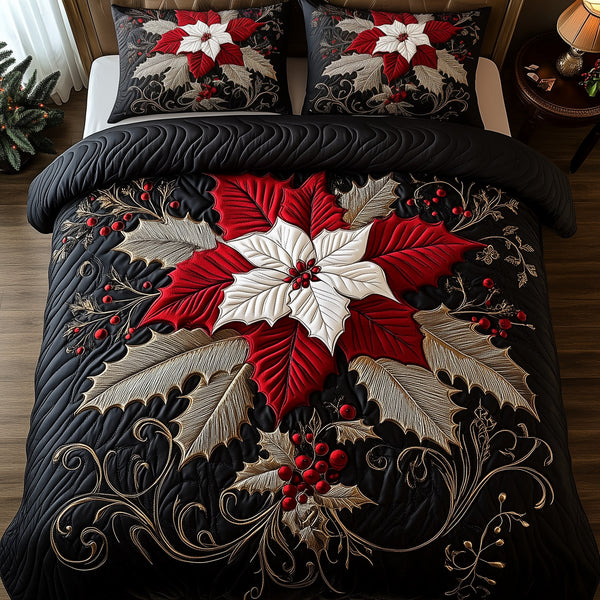 Elegant Poinsettias 3-Piece Quilted Bedding Set - Design 2 — quilt and two matching pillow shams