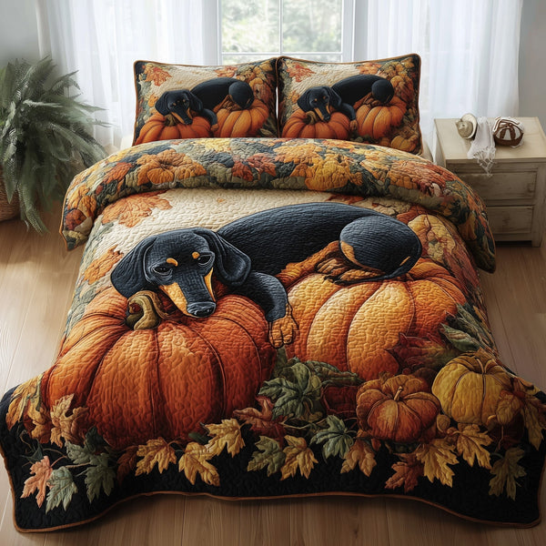 Autumn Pup Haven quilted 3-piece bedding set on a made bed with two matching pillow shams