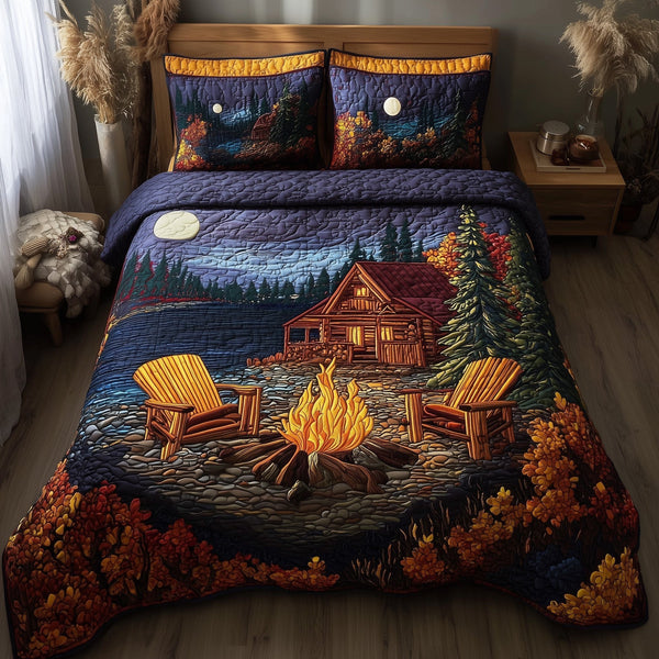 Autumn Harmony quilted 3-piece bedding set on a made bed with two matching pillow shams