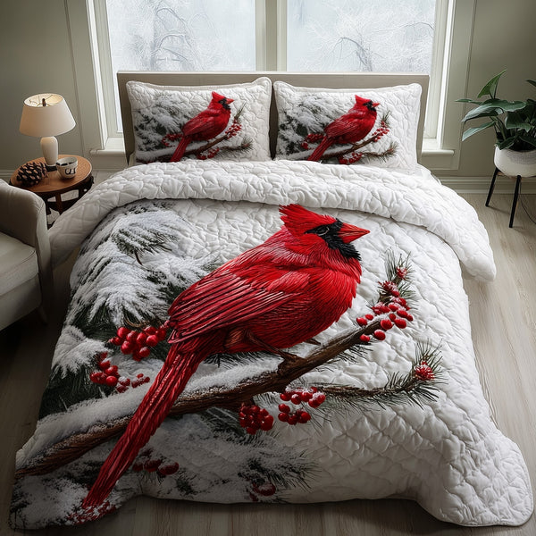 Cardinal Charm quilted 3-piece bedding set on a made bed with two matching pillow shams