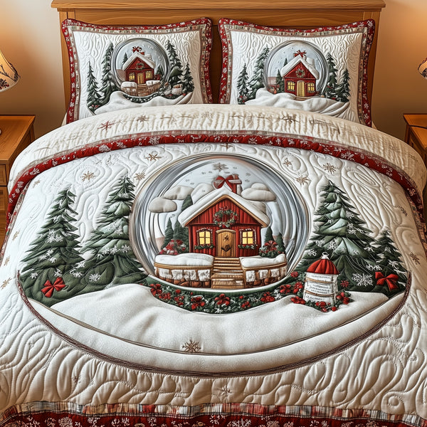 Christmas Snow Globe quilted 3-piece bedding set on a made bed in a winter-styled bedroom