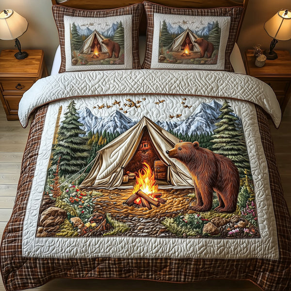 Bear Loves Camping quilted 3-piece bedding set on a made bed with two matching pillow shams