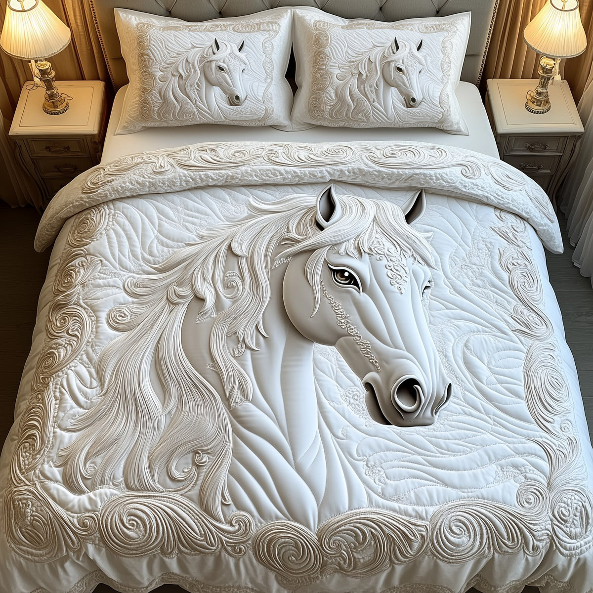 Elegant White Horse 3-Piece Quilted Bedding Set - Design 1 — quilt and two matching pillow shams