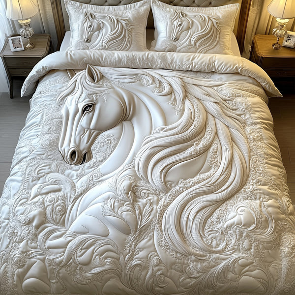 Elegant White Horse 3-Piece Quilted Bedding Set - Design 2 — quilt and two matching pillow shams