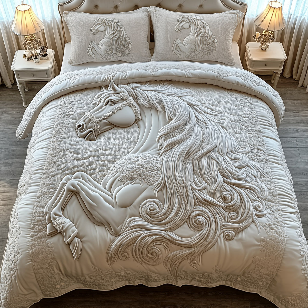 Elegant White Horse 3-Piece Quilted Bedding Set - Design 4 — quilt and two matching pillow shams
