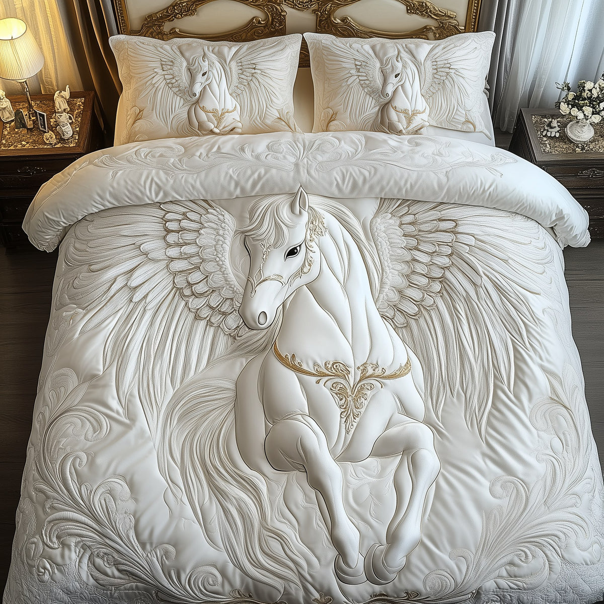 Elegant White Horse 3-Piece Quilted Bedding Set - Design 5 — quilt and two matching pillow shams