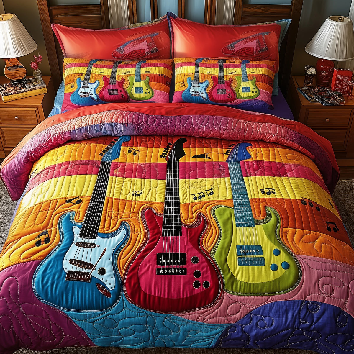 Electric Guitar 3-Piece Quilted Bedding Set — quilt and two matching pillow shams
