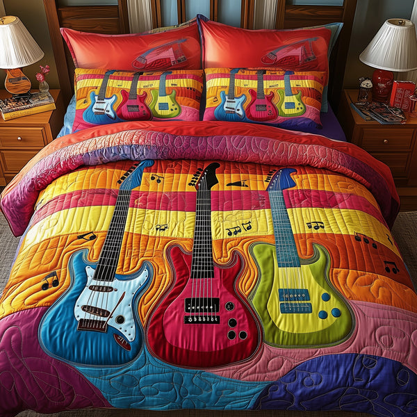 Electric Guitar quilted 3-piece bedding set on a made bed with two matching pillow shams