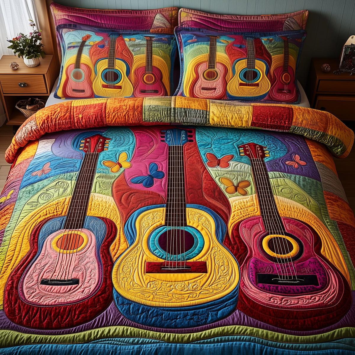 Acoustic Guitar 3-Piece Quilted Bedding Set - Design 2 — quilt and two matching pillow shams
