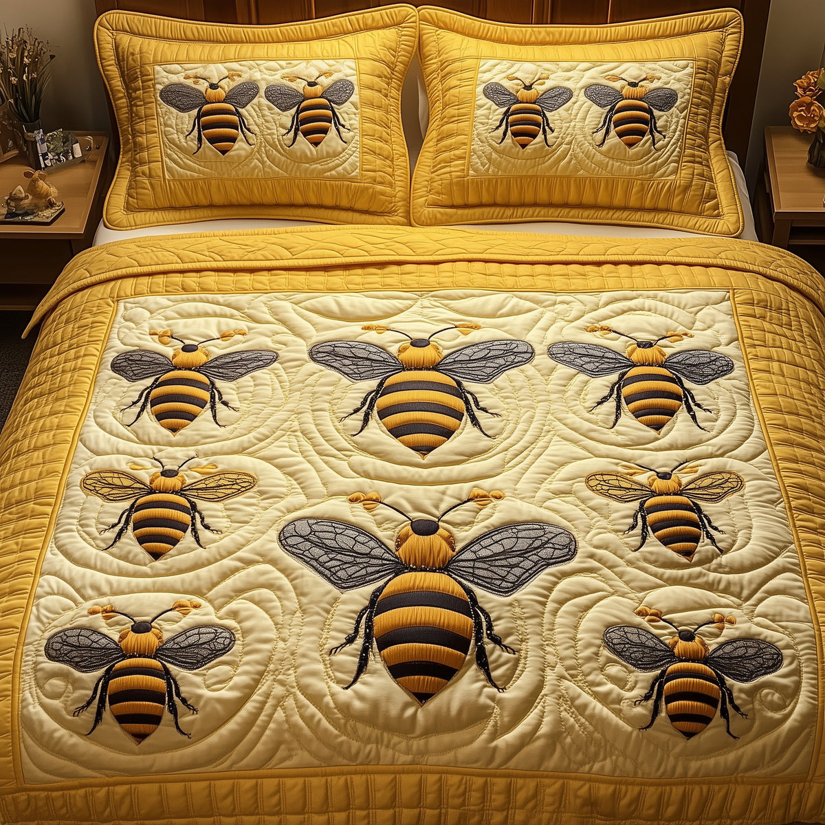 Bee 3-Piece Quilted Bedding Set - Design 2 — quilt and two matching pillow shams