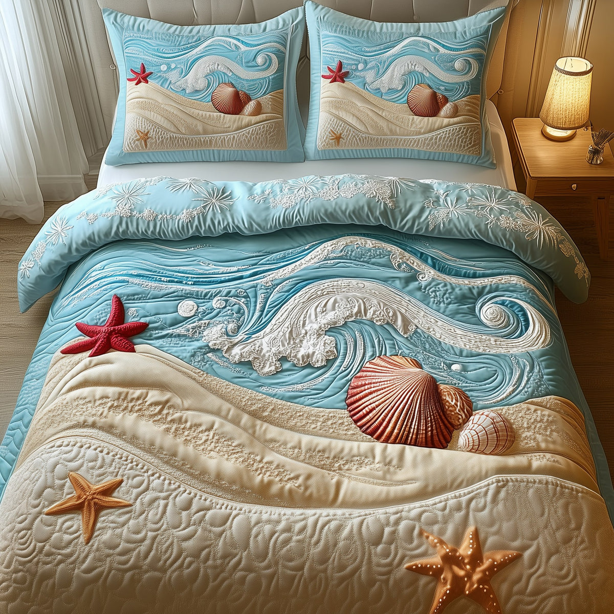 Dreamy Seashore 3-Piece Quilted Bedding Set - Design 2 — quilt and two matching pillow shams