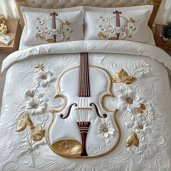 Elegant Violin quilted 3-piece bedding set on a made bed with two matching pillow shams