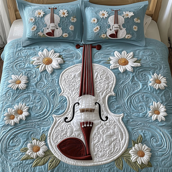 Elegant Violin quilted 3-piece bedding set on a made bed with two matching pillow shams