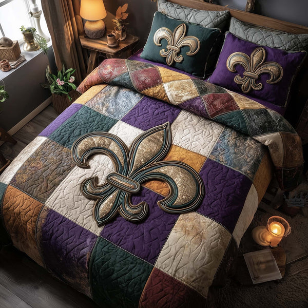 Carnival Crest quilted 3-piece bedding set on a made bed with two matching pillow shams