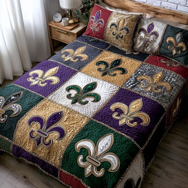 Carnival Crest quilted 3-piece bedding set on a made bed with two matching pillow shams