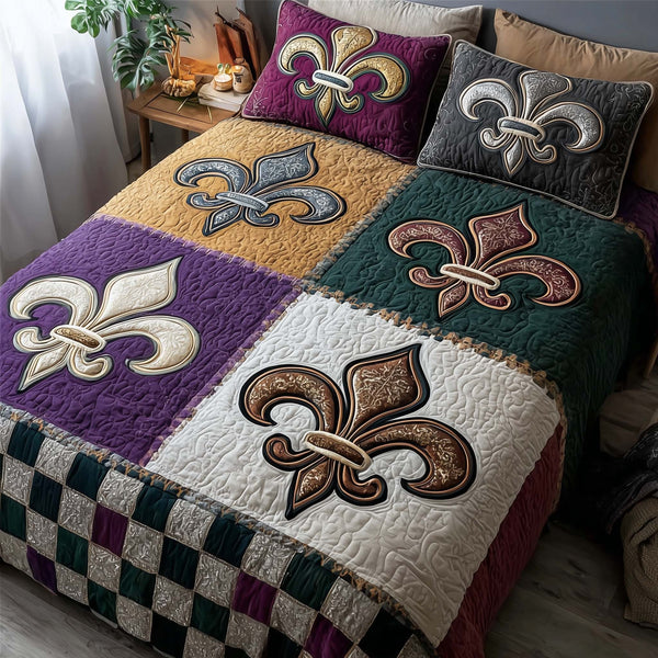 Carnival Crest quilted 3-piece bedding set on a made bed with two matching pillow shams