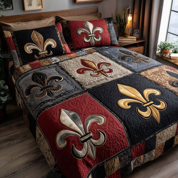 Carnival Crest quilted 3-piece bedding set on a made bed with two matching pillow shams