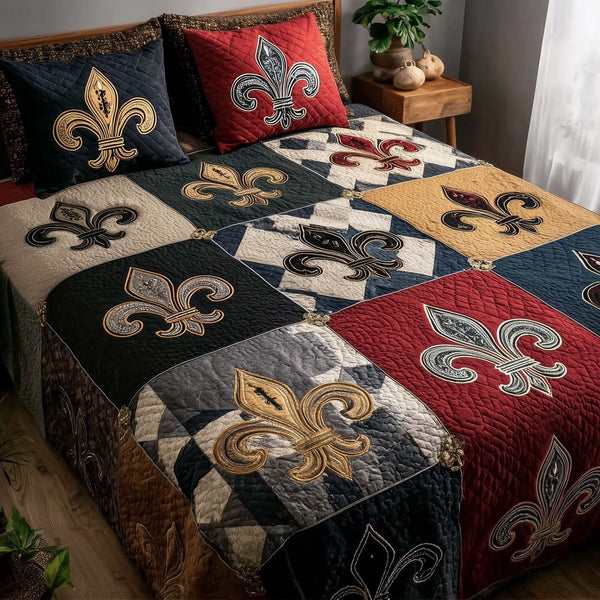 Carnival Crest quilted 3-piece bedding set on a made bed with two matching pillow shams