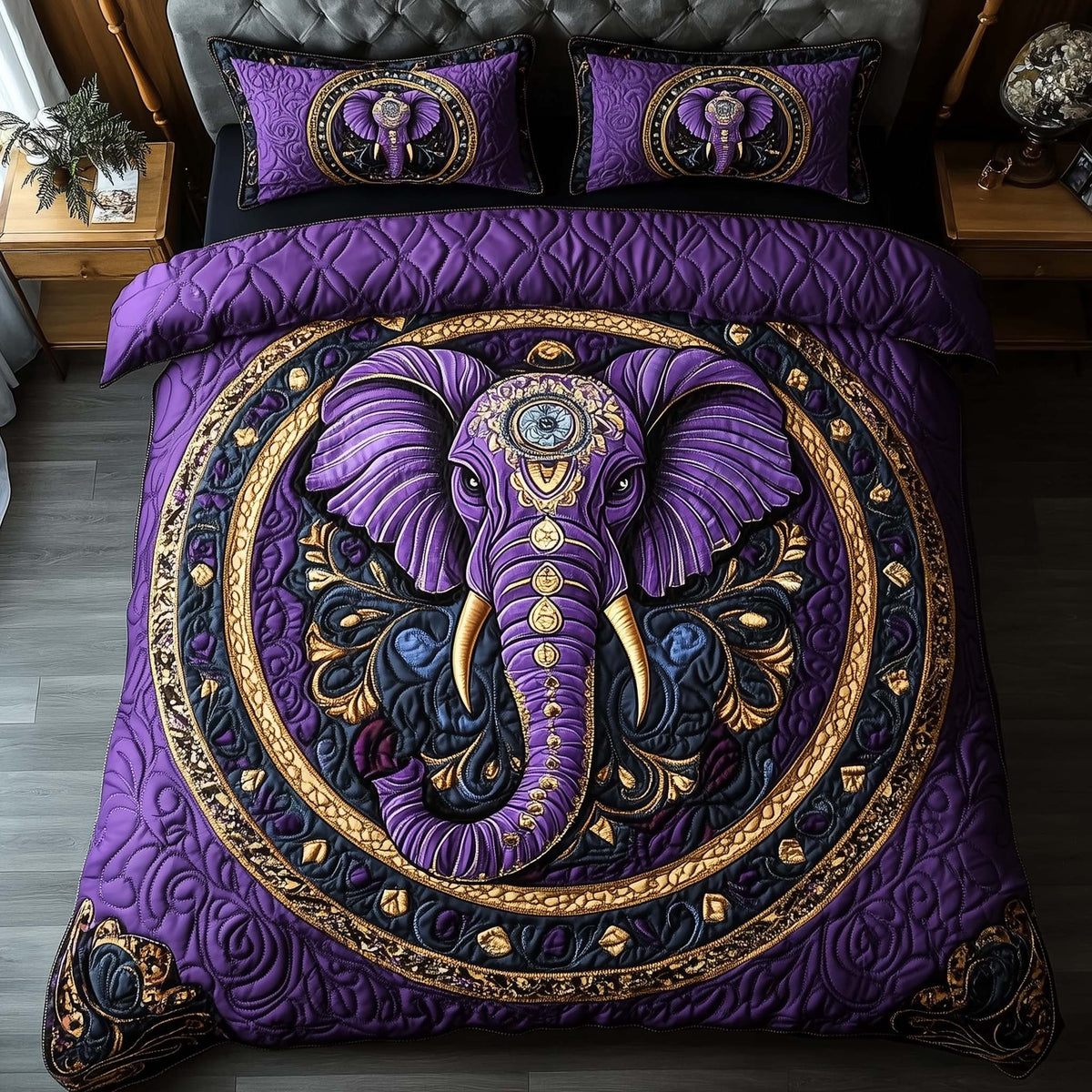 Elephant Harmony 3-Piece Quilted Bedding Set - Design 3 — quilt and two matching pillow shams