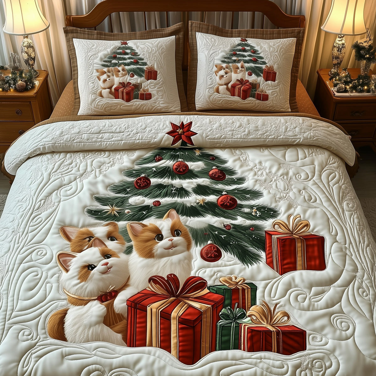 Christmas Cat 3-Piece Quilted Bedding Set - Design 5 — quilt and two matching pillow shams