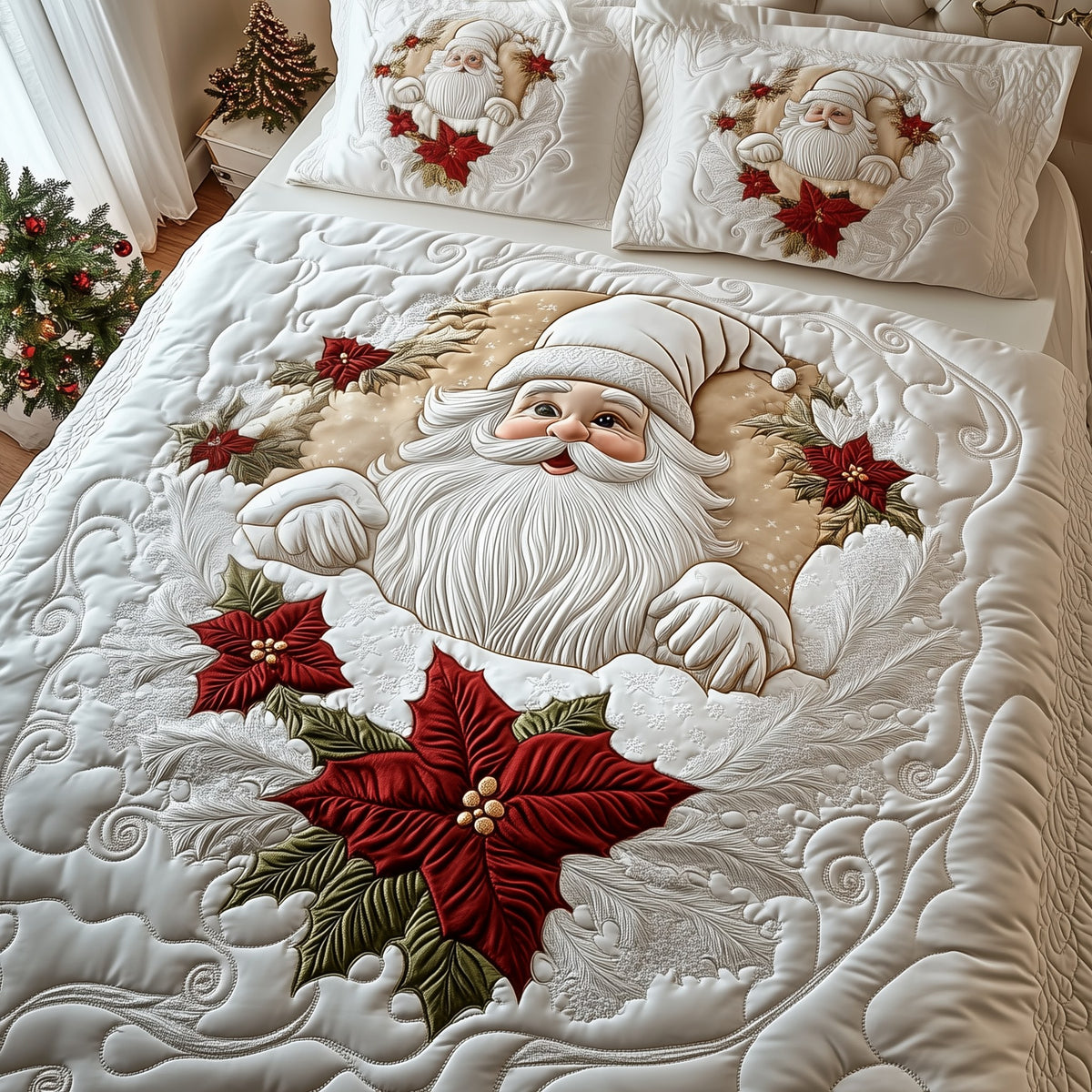 Elegant White Santa Claus 3-Piece Quilted Bedding Set - Design 2 — quilt and two matching pillow shams