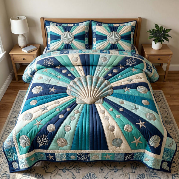 Coastal Whisper 3-Piece Quilted Bedding Set - Design 9 — quilt and two matching pillow shams