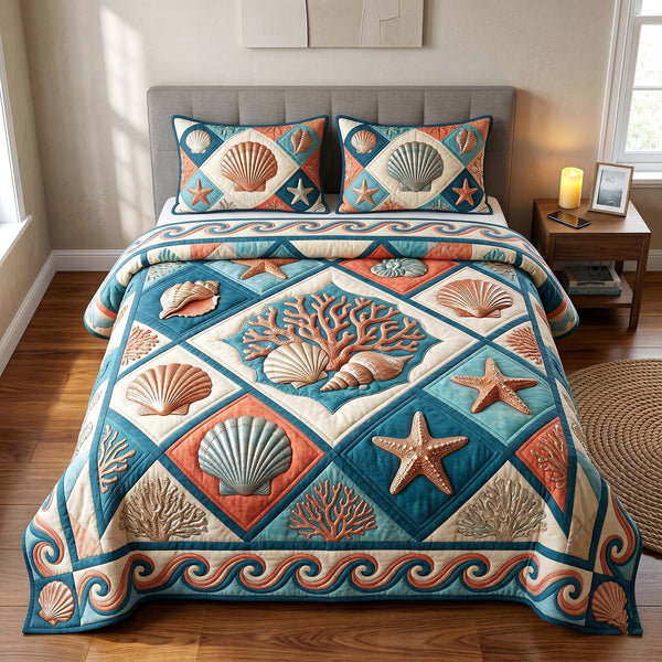 Coastal Whisper 3-Piece Quilted Bedding Set - Design 11 — quilt and two matching pillow shams