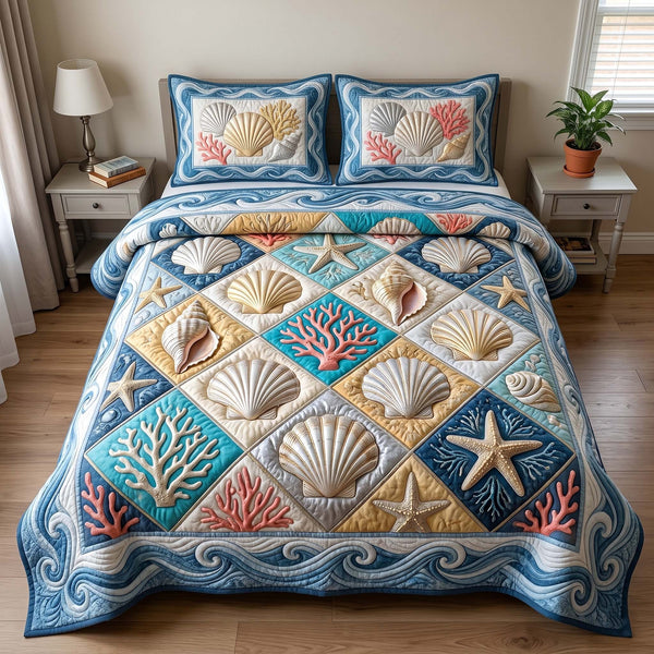 Coastal Whisper 3-Piece Quilted Bedding Set - Design 12 — quilt and two matching pillow shams