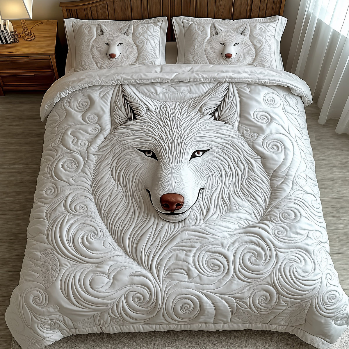 Ethereal White Wolf 3-Piece Quilted Bedding Set - Design 1 — quilt and two matching pillow shams