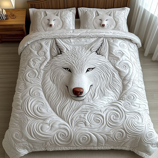 Ethereal White Wolf 3-Piece Quilted Bedding Set - Design 1 — quilt and two matching pillow shams