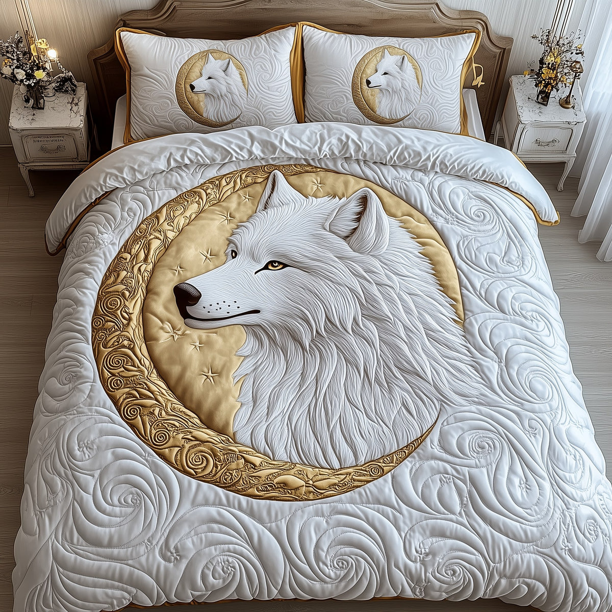 Ethereal White Wolf 3-Piece Quilted Bedding Set - Design 2 — quilt and two matching pillow shams