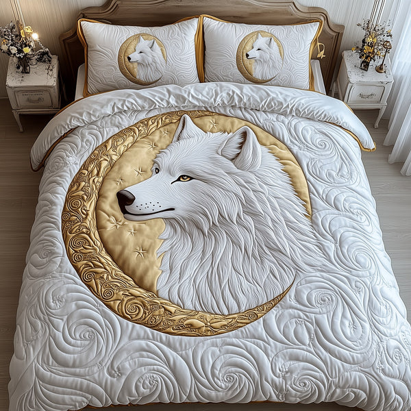 Ethereal White Wolf 3-Piece Quilted Bedding Set - Design 2 — quilt and two matching pillow shams
