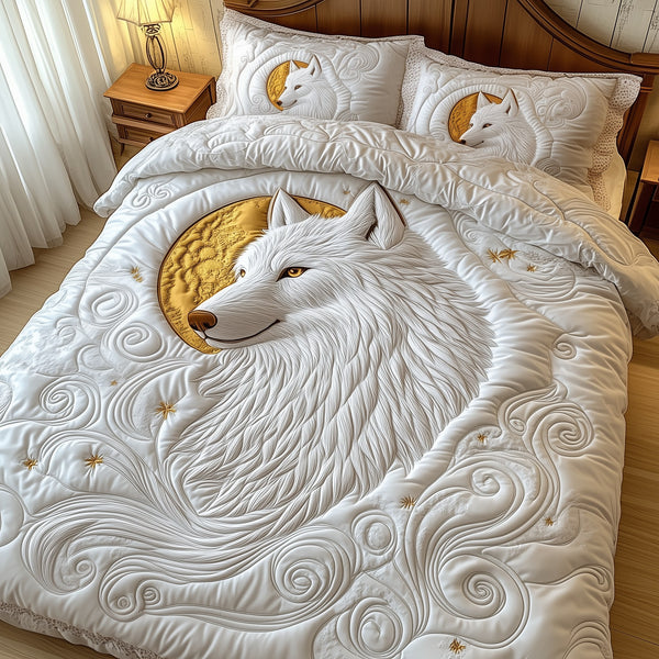 Ethereal White Wolf 3-Piece Quilted Bedding Set - Design 3 — quilt and two matching pillow shams