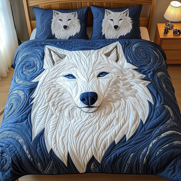 Ethereal White Wolf 3-Piece Quilted Bedding Set - Design 5 — quilt and two matching pillow shams