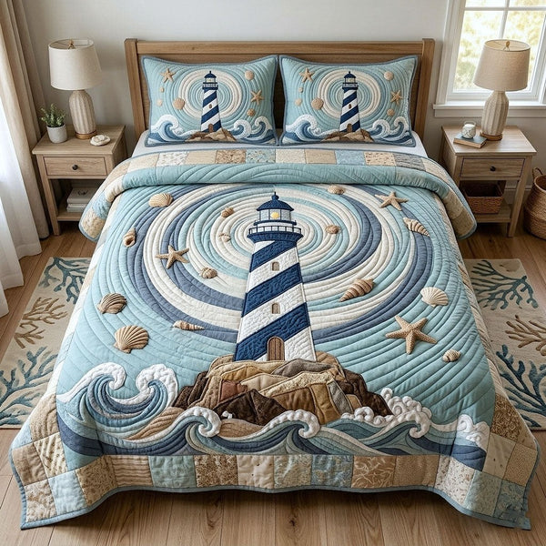 Coastal Glow quilted 3-piece bedding set on a made bed in a light coastal bedroom