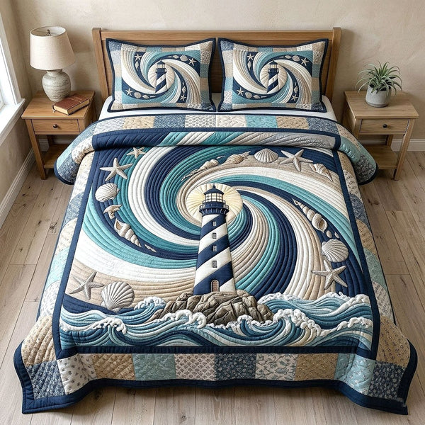 Coastal Glow quilted 3-piece bedding set on a made bed in a light coastal bedroom