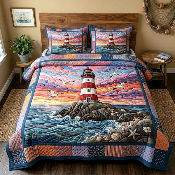 Coastal Glow quilted 3-piece bedding set on a made bed in a light coastal bedroom