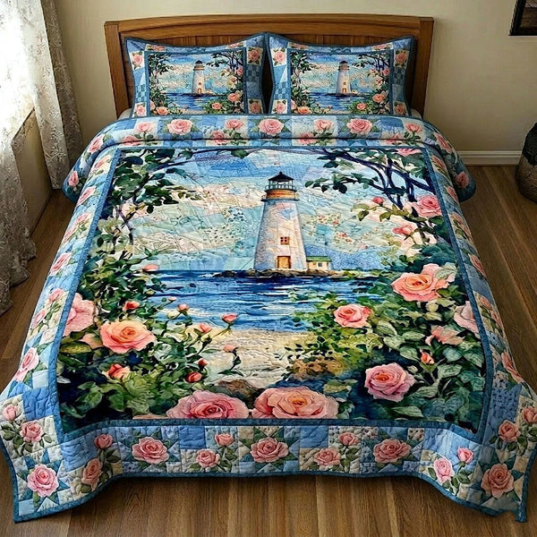 Coastal Glow quilted 3-piece bedding set on a made bed in a light coastal bedroom