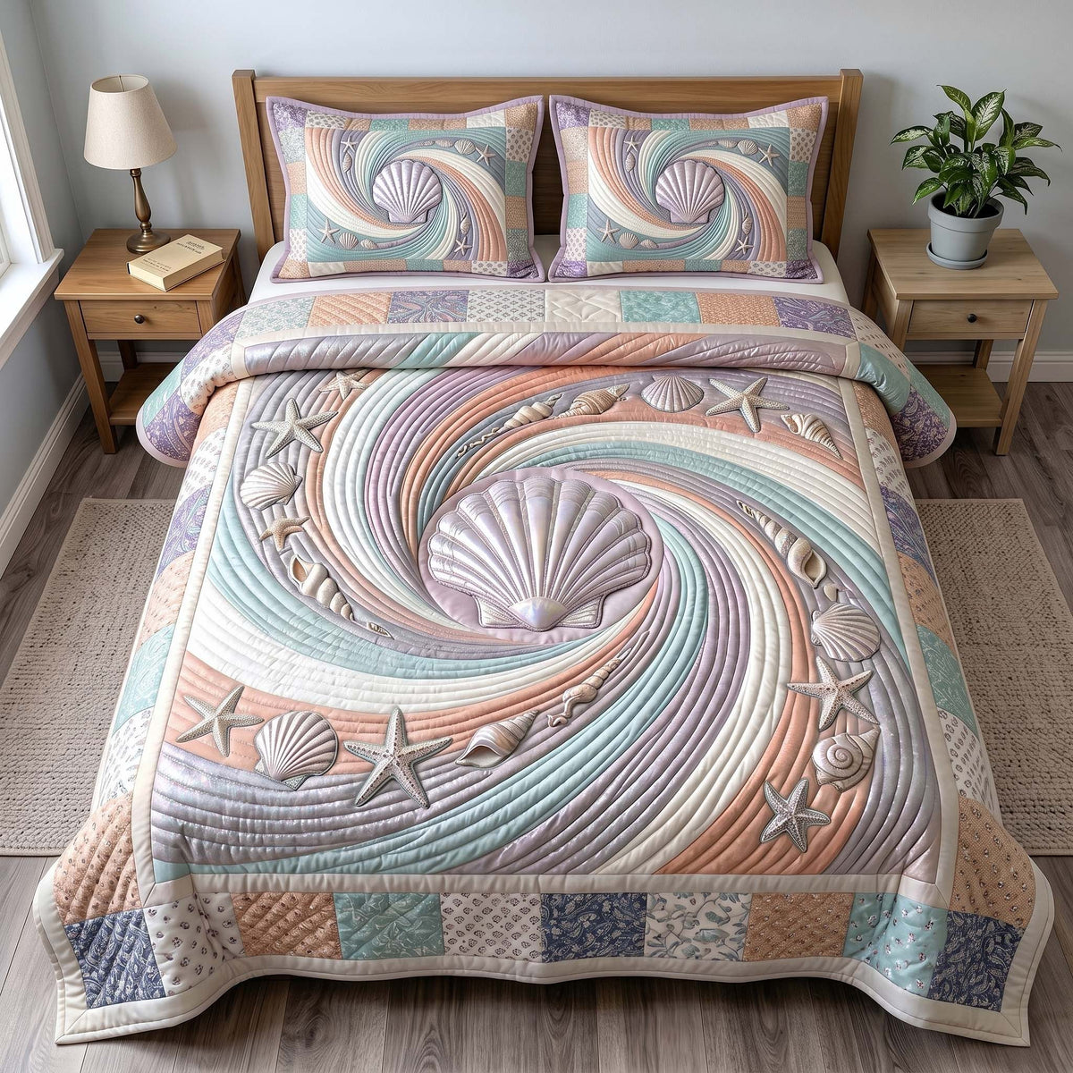 Coastal Whisper 3-Piece Quilted Bedding Set - Design 13 — quilt and two matching pillow shams