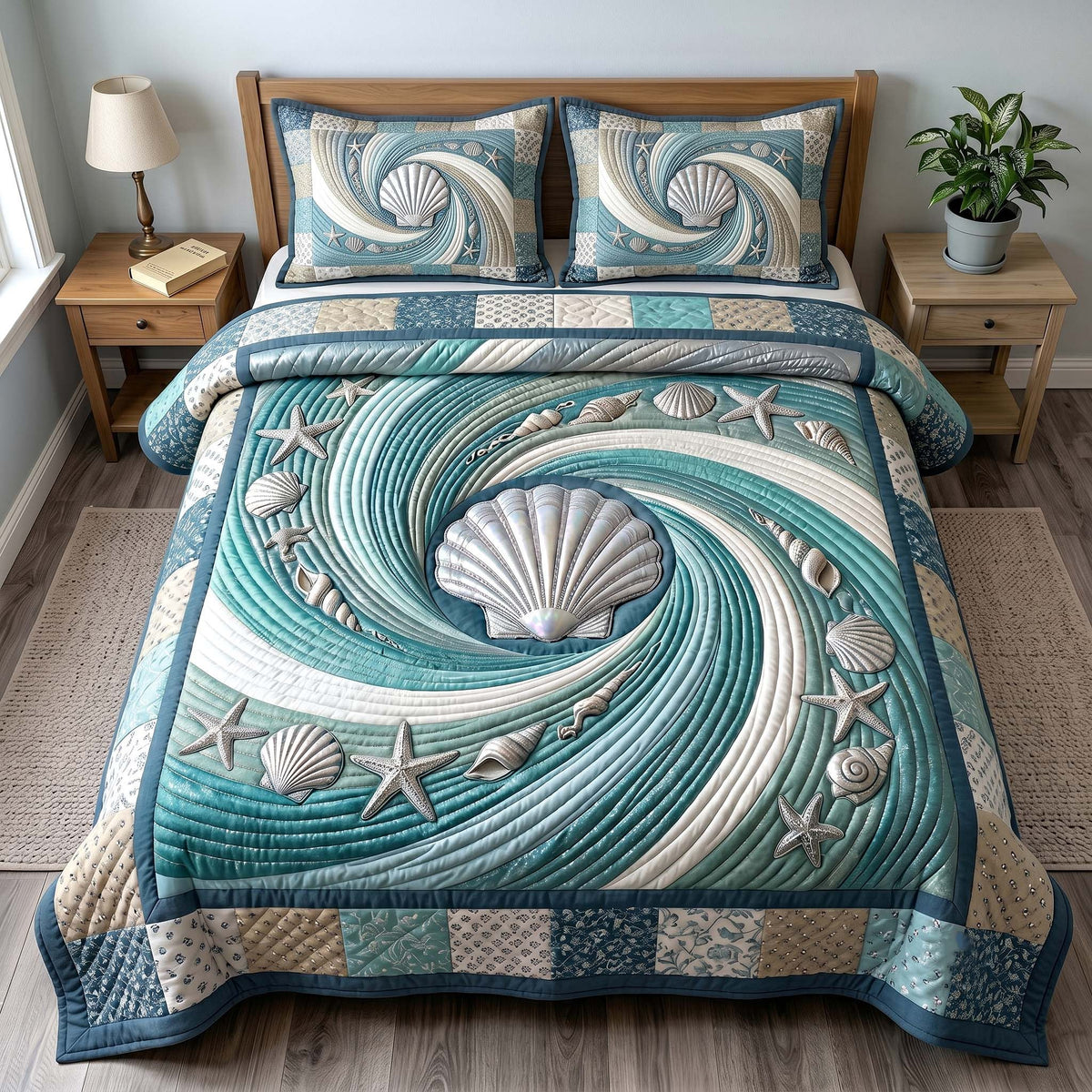 Coastal Whisper 3-Piece Quilted Bedding Set - Design 14 — quilt and two matching pillow shams